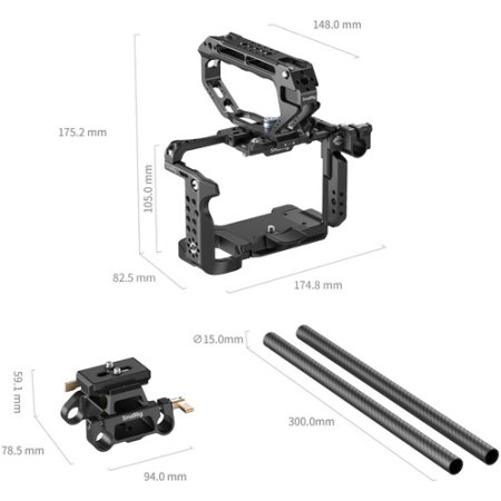 SmallRig 6924 - zaawansowana klatka do Sony FX5 z uchwytem górnym, paskiem, płytką montażową, 2x prętem 15mm i adapterem PL-E - wymiary